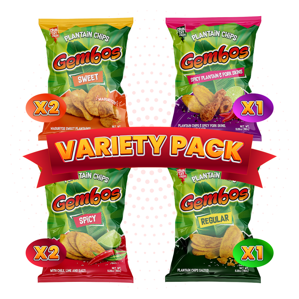 Gembos Variety Pack | Spicy, Sweet Maduritos, Pork Skins ans Salty, 4 oz 6-Pack