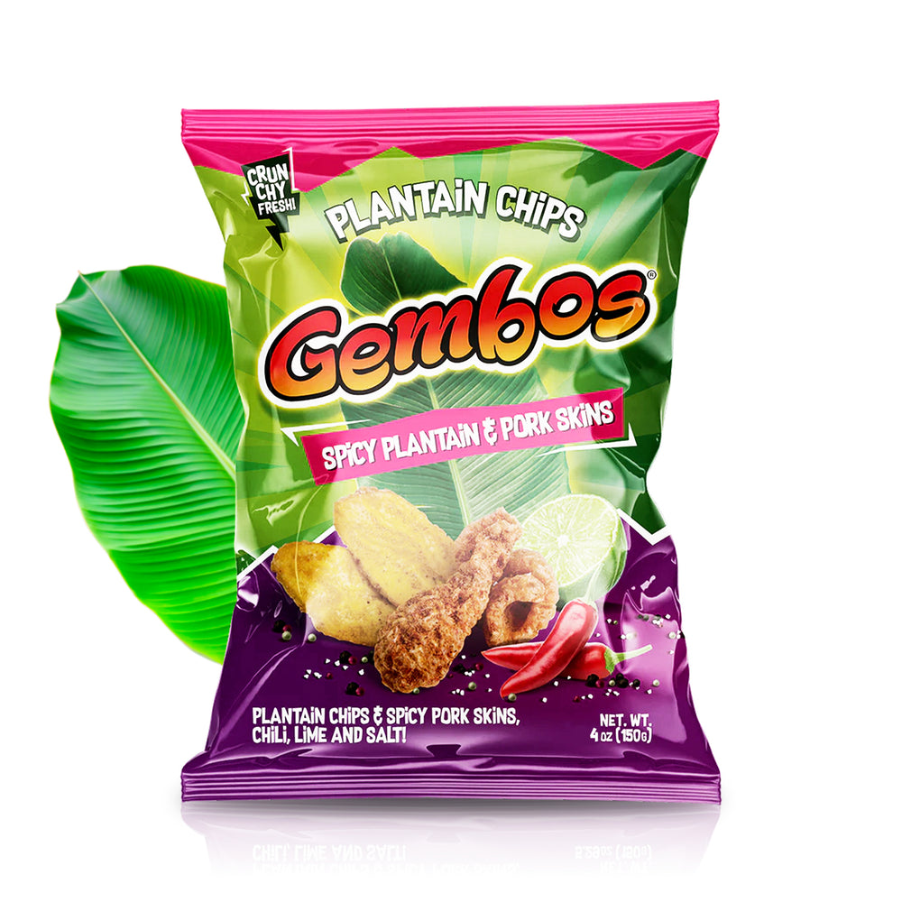 Gembos Spicy Plantain & Pork Skins | Crunchy Chicharrones, Chili Lime and Salt Flavor, 4 oz